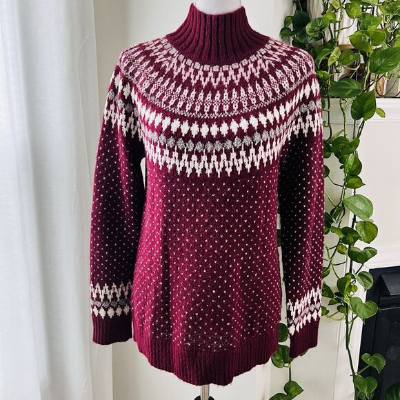 Eddie Bauer Burgundy Red & White Fair Isle Wool Blend Cozy Soft Sweater - Medium - Picture 1 of 9